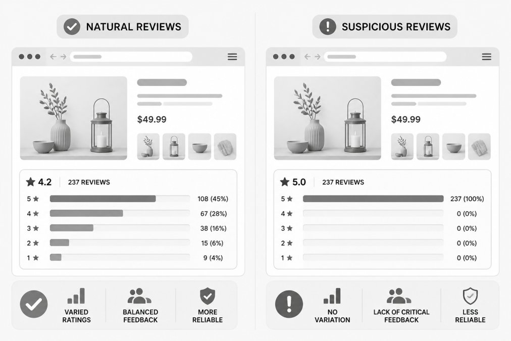 Side-by-side comparison of a product page showing review distribution charts, one with natural variation across 1-5 stars, another showing suspicious clustering at 5 stars only