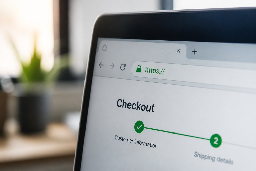 Close-up of a laptop browser address bar displaying the padlock icon and HTTPS protocol on a legitimate e-commerce checkout page with green security indicator