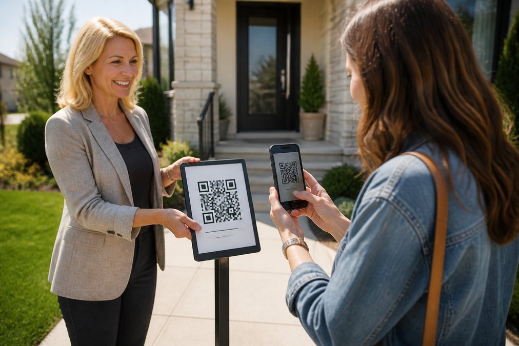 Professional real estate agent holding a printed QR code sign outside a home entrance while a visitor scans it on their smartphone, natural daylight illuminating the scene