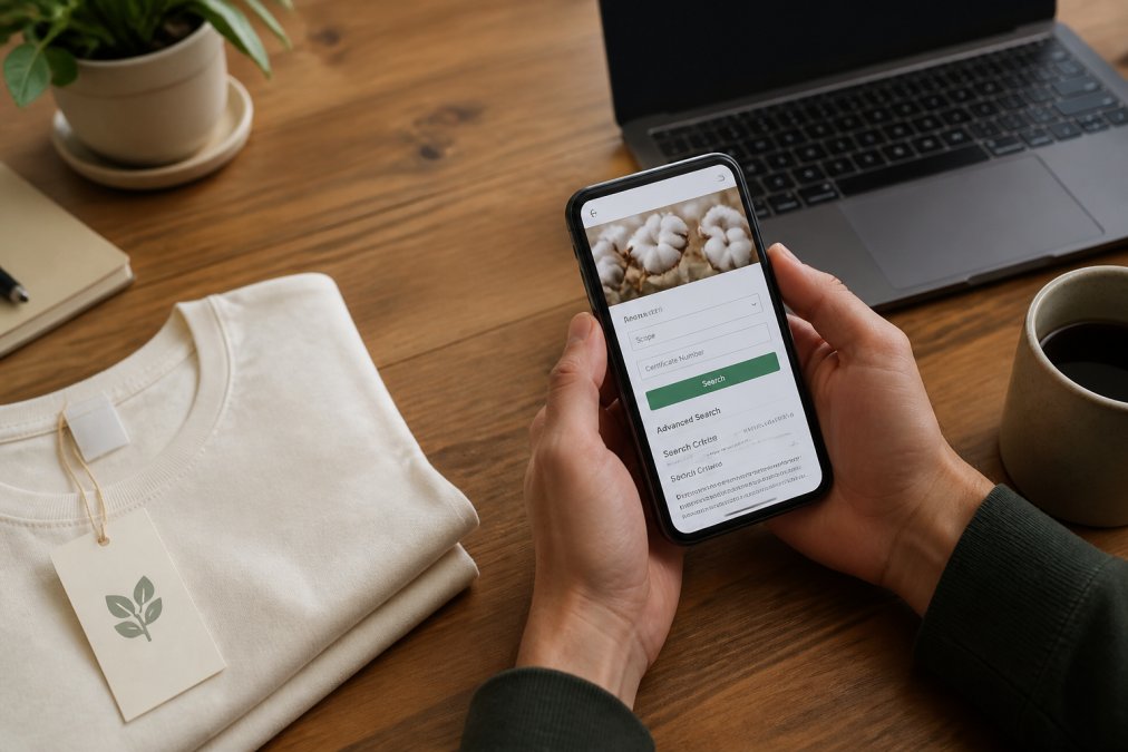 Close-up of a person's hands holding a smartphone displaying a certification lookup website, with a folded organic cotton T-shirt and its label visible on a wooden desk beside a laptop