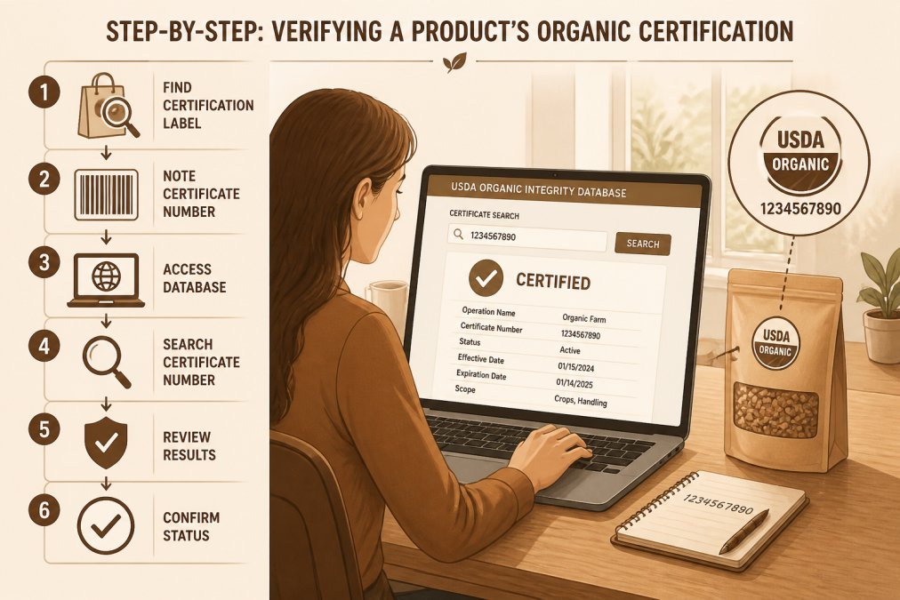 Person using a laptop to access the USDA Organic Integrity Database with a certified organic product package visible on the desk, showing the verification process in action with natural lighting
