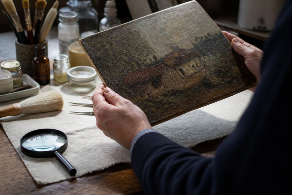 Close-up of hands holding a painting under bright directional light, examining brushstrokes and canvas texture for signs of aging, with magnifying glass visible on work surface