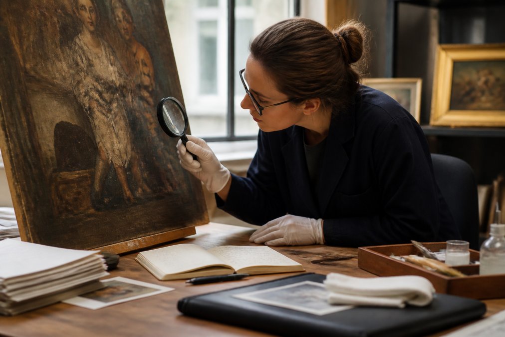 Professional art appraiser or conservator examining an original painting with specialized magnifying tools and documentation materials on a desk in modern studio setting, with natural light from large windows
