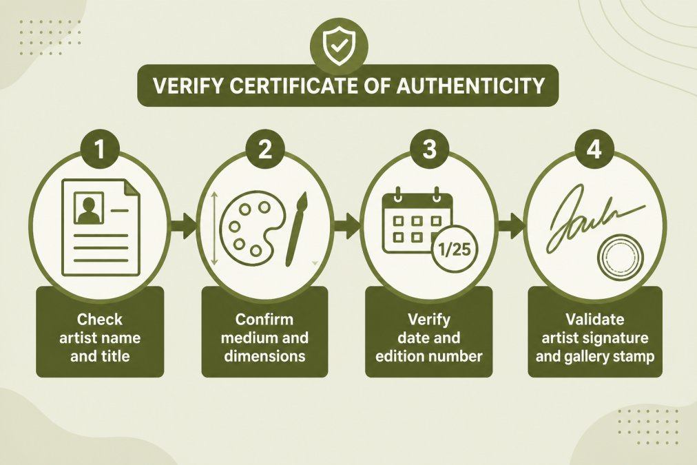 Four-step flowchart explaining how to verify original art by checking COA details like signatures and stamps.