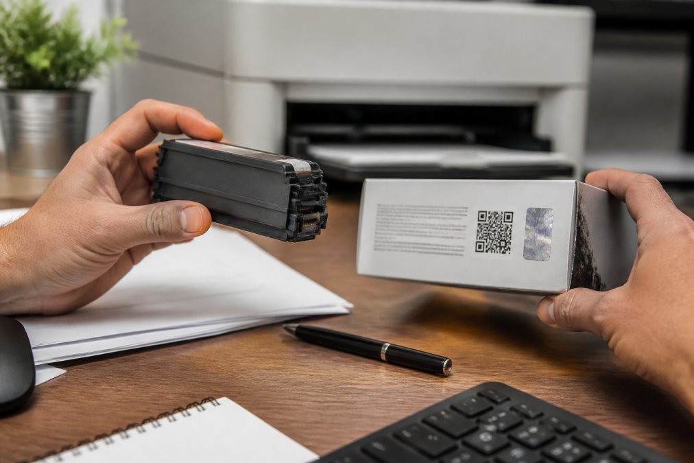 Hands checking a holographic security label on a box to learn how to verify original printer cartridges