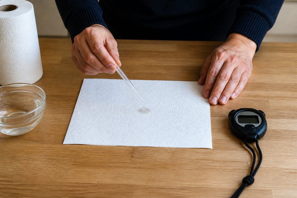 A person's hands placing a single drop of water onto a sheet of white kitchen towel on a clean wooden kitchen counter, with a stopwatch visible nearby