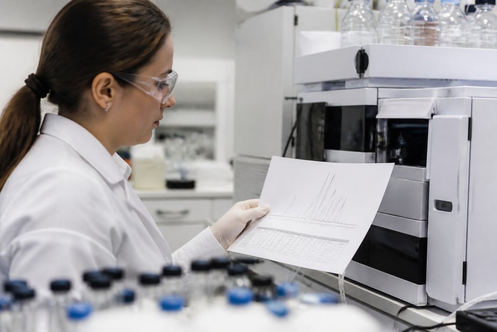 Close-up of a laboratory scientist in a white coat examining a printed chromatogram printout next to an HPLC instrument in a modern analytical chemistry lab, with bright overhead fluorescent lighting and glass sample vials in the foreground