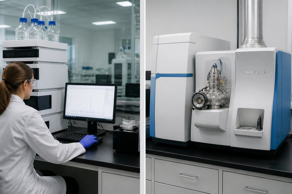 Laboratory technician operating a high-performance liquid chromatography instrument, with a computer monitor displaying chromatogram peak data visible on screen in a clean modern analytical lab