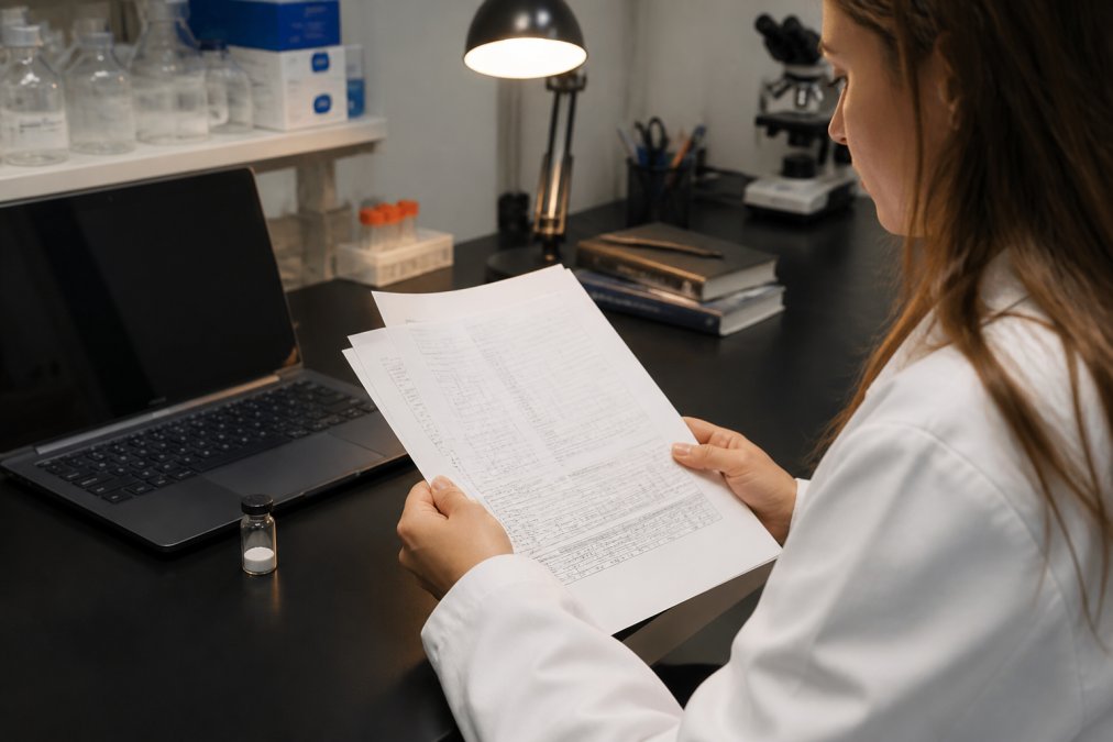 Researcher at a clean lab desk reviewing a multi-page Certificate of Analysis document under warm desk lamp light, with a laptop open to analytical data and a small vial of lyophilized white powder visible on the bench beside it