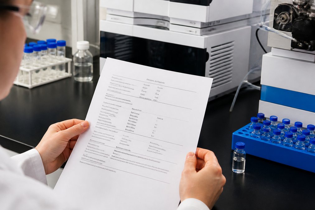 Close-up of a researcher's hands holding a printed Certificate of Analysis document on a laboratory bench, with HPLC equipment and labeled sample vials visible in the background under bright overhead laboratory lighting