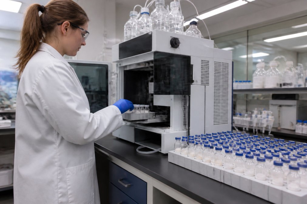 A laboratory technician in a white coat operating an HPLC instrument in a clean analytical laboratory, with rows of labeled vials of lyophilized peptide samples arranged on the bench beside the machine under bright fluorescent lighting