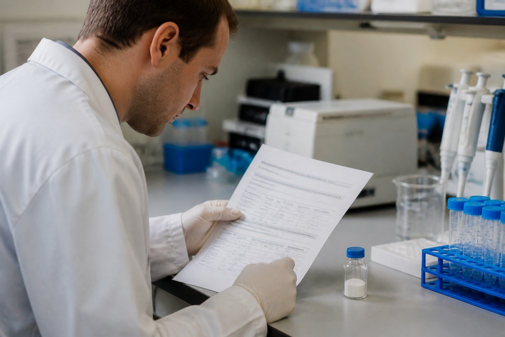 Close-up of a laboratory scientist in a white coat and gloves examining a printed certificate of analysis beside a labelled peptide vial on a clean bench