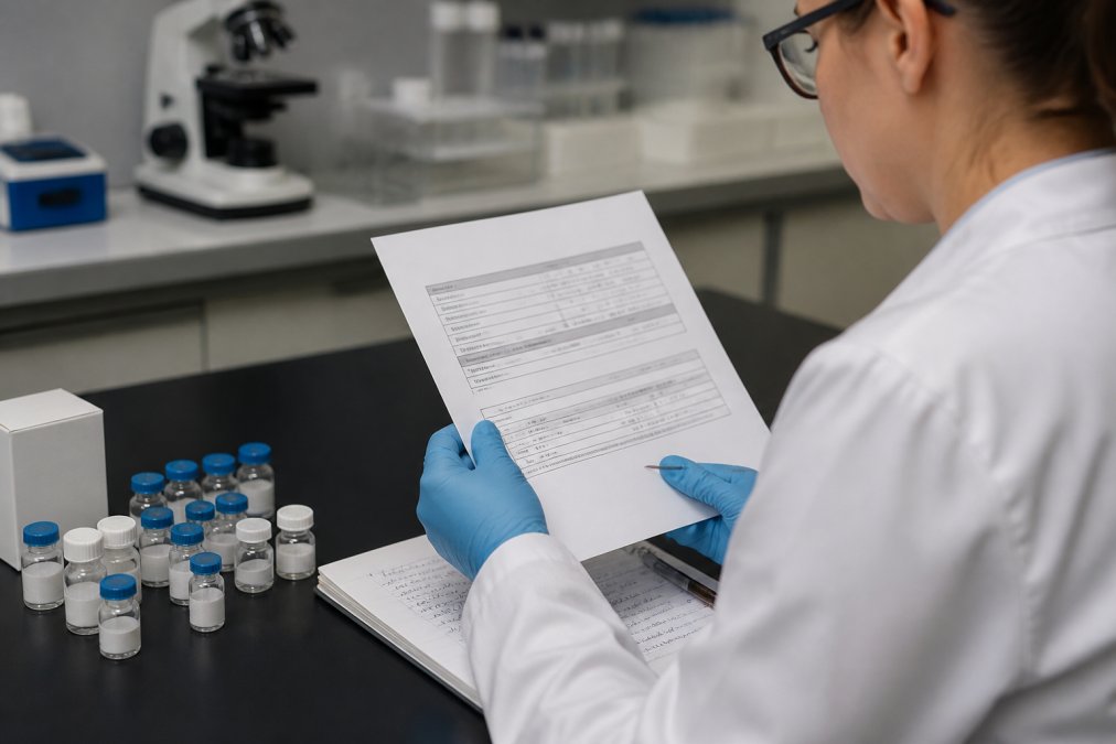 Researcher in white coat reviewing printed Certificate of Analysis document at desk with peptide vials and lab notebook visible