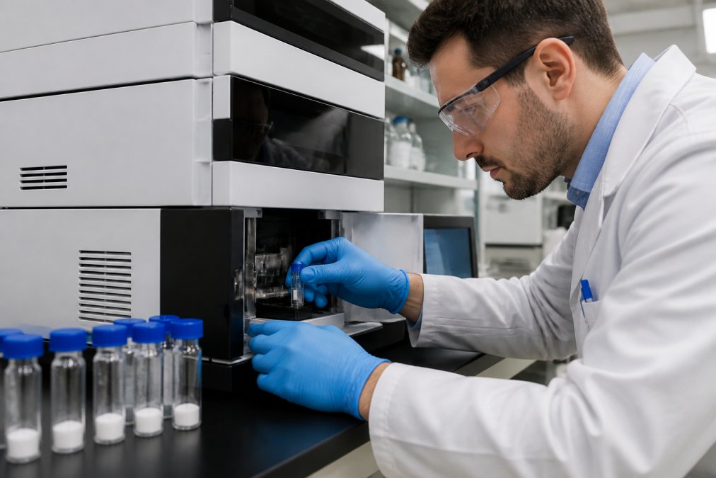Close-up of a scientist in a white lab coat operating an HPLC instrument in a modern analytical laboratory, with vials of lyophilized powder samples arranged on the bench nearby