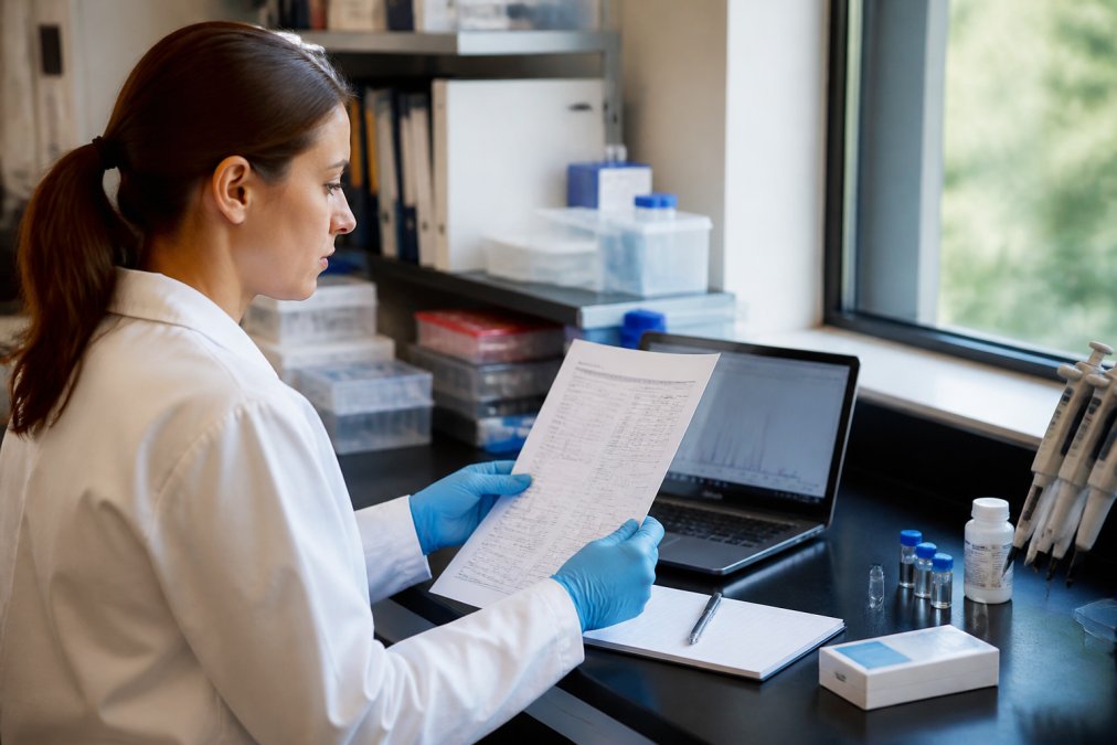 Researcher in laboratory workstation examining printed Certificate of Analysis document with laptop displaying chromatogram data in background, natural window lighting