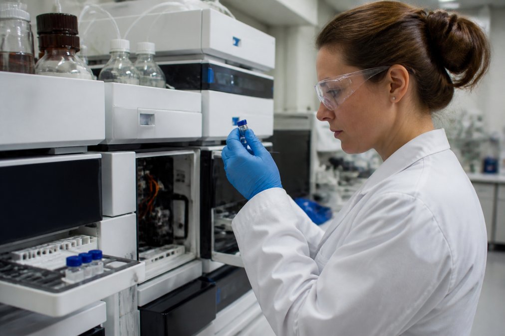 Professional laboratory technician working with HPLC equipment, examining sample vials under controlled lighting in a modern research lab setting