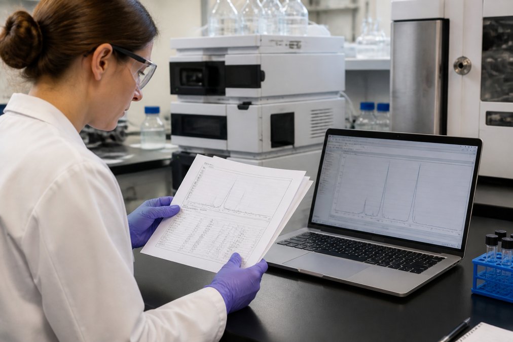 A research scientist reviewing printed Certificate of Analysis documents alongside a laptop displaying chromatographic data in a clean laboratory setting, under bright overhead fluorescent lighting