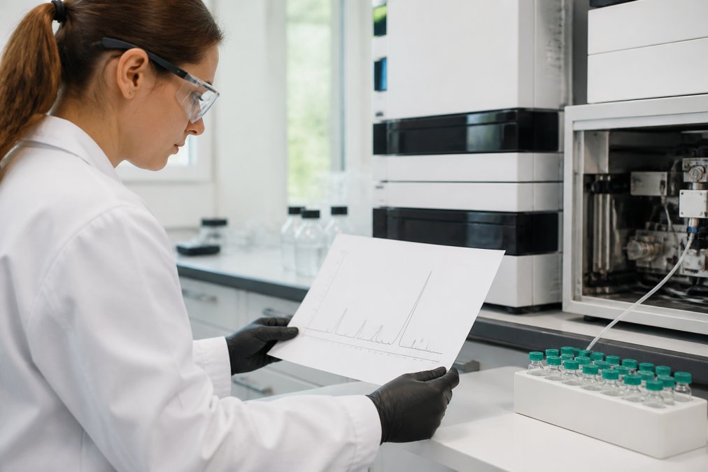 Close-up of a laboratory analyst in a white coat reviewing a printed chromatogram beside an HPLC instrument in a bright, clean analytical lab