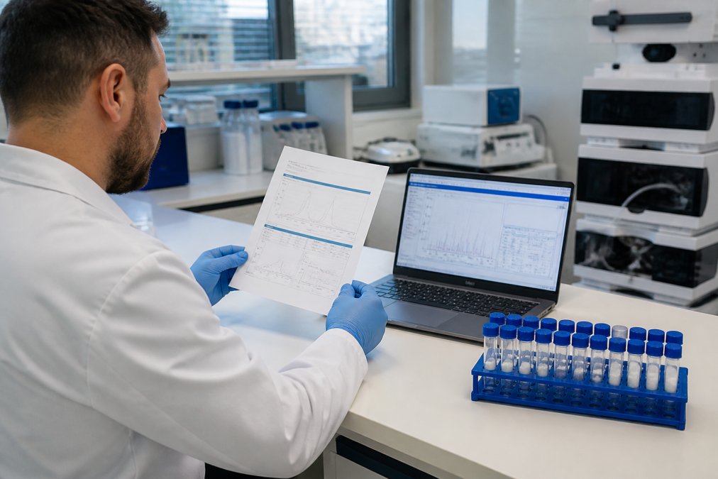 Researcher reviewing a Certificate of Analysis to verify peptide purity levels in a laboratory setting