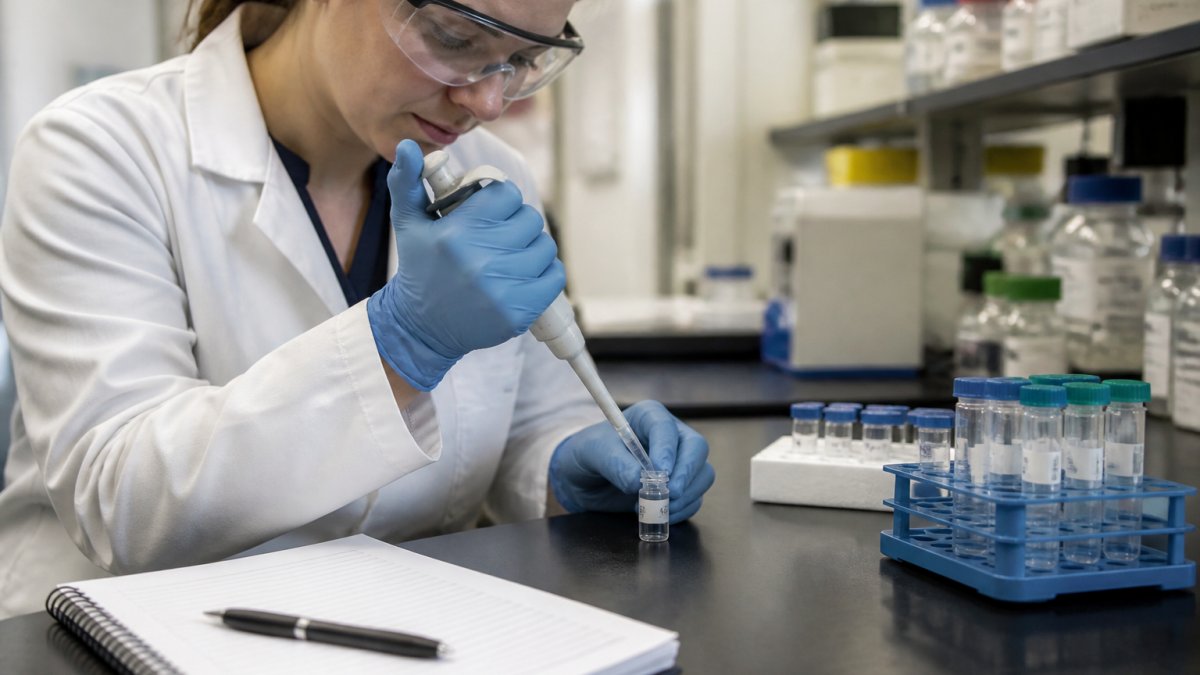 A researcher in a lab coat and nitrile gloves carefully pipetting a clear peptide sample into a small labeled vial on a clean bench, with labeled tubes and a lab notebook beside the pipette under bright overhead lighting