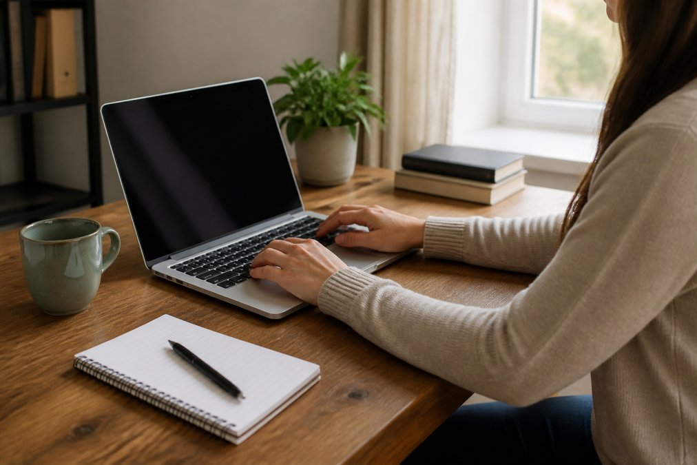 Person at a wooden desk using a laptop to search an official charity register with a notepad nearby