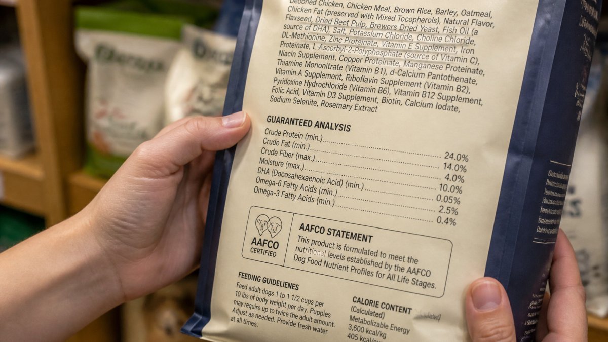 Close-up of hands holding a pet food package, showing the ingredient list and AAFCO certification clearly visible under natural lighting