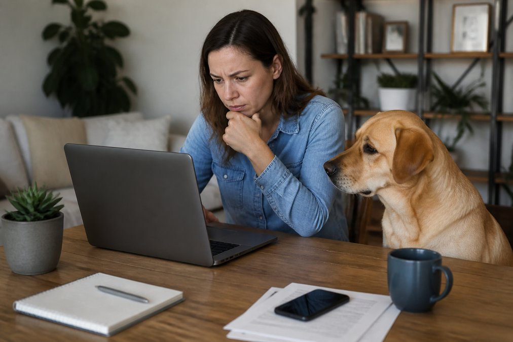Pet owner sitting at a desk with a laptop, searching the CPSC recall database with a concerned expression, a curious dog sitting nearby looking at the screen