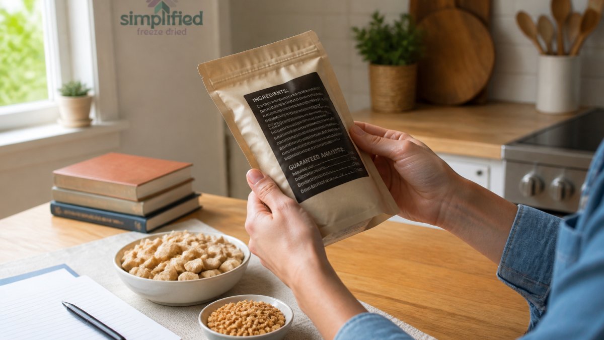 Close-up of a person's hands holding a pet treat bag and reading the ingredient panel in a bright kitchen