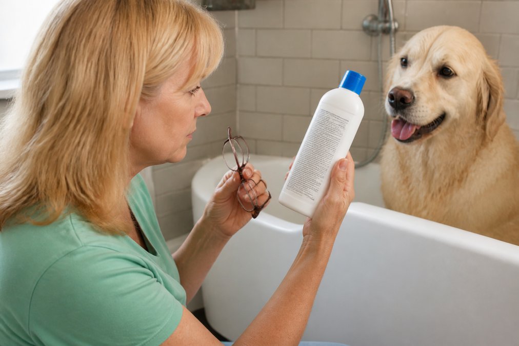 Pet owner reading a dog shampoo bottle label closely in natural daylight, examining the ingredient list with reading glasses held near the text