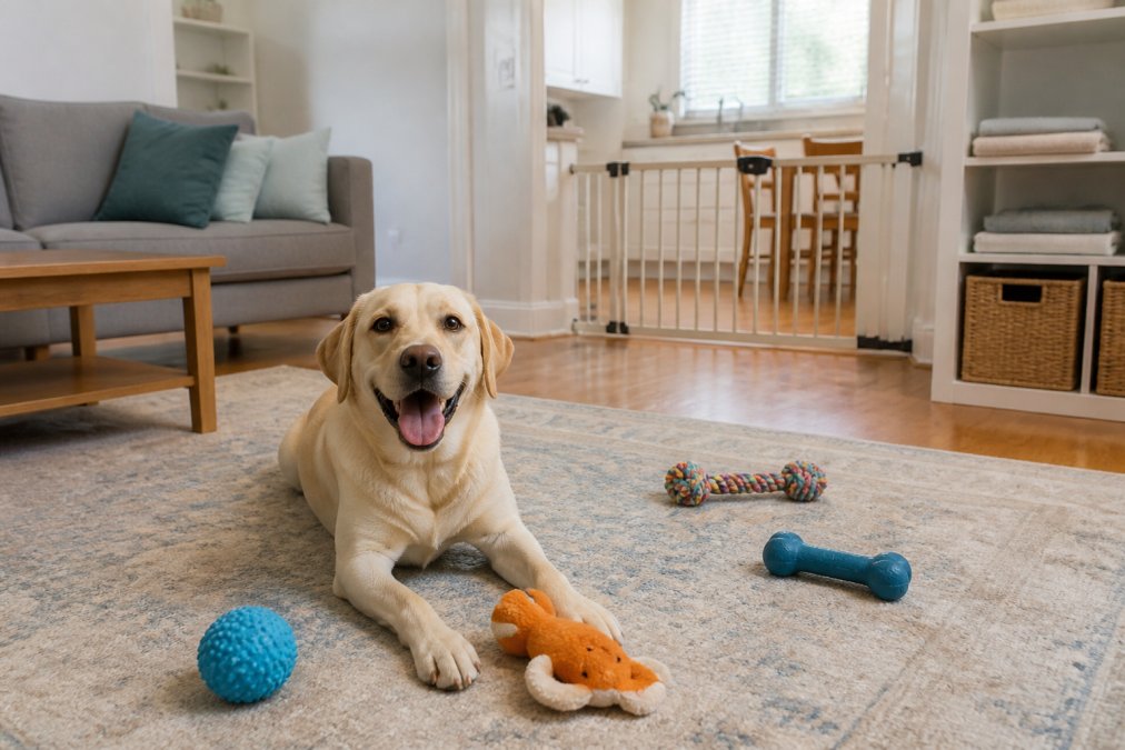 Bright, pet-safe living room with a dog in the foreground, showing safe toys scattered on the floor, proper containment barriers, and no toxic plants visible on shelves or tables