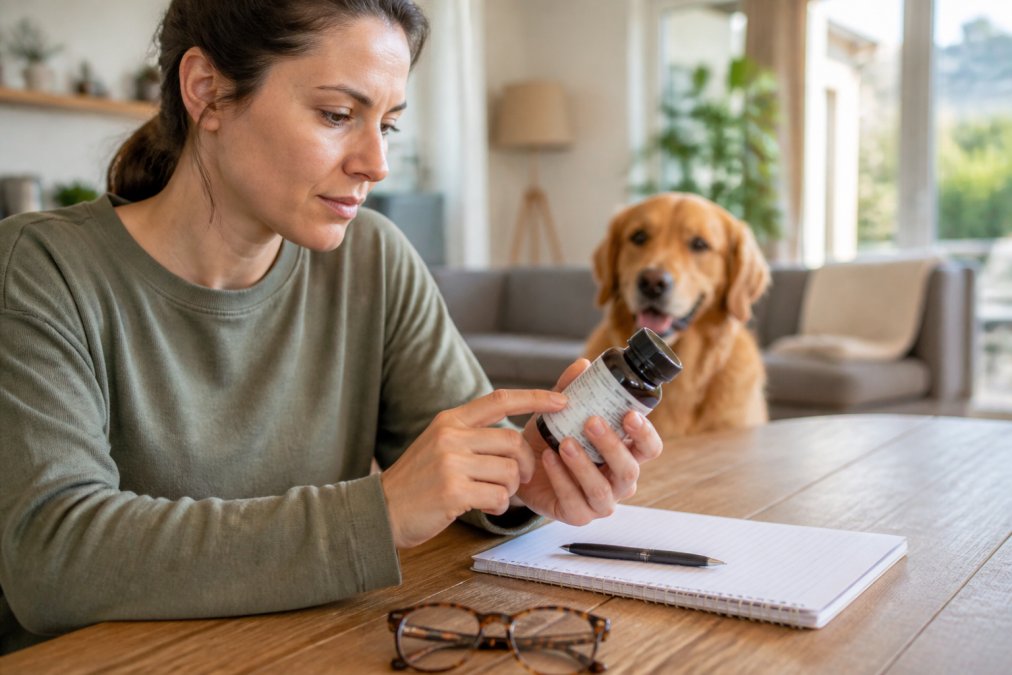 Close-up of a person's hands holding a pet supplement bottle next to a pair of reading glasses and a notepad, with a dog sitting in the background