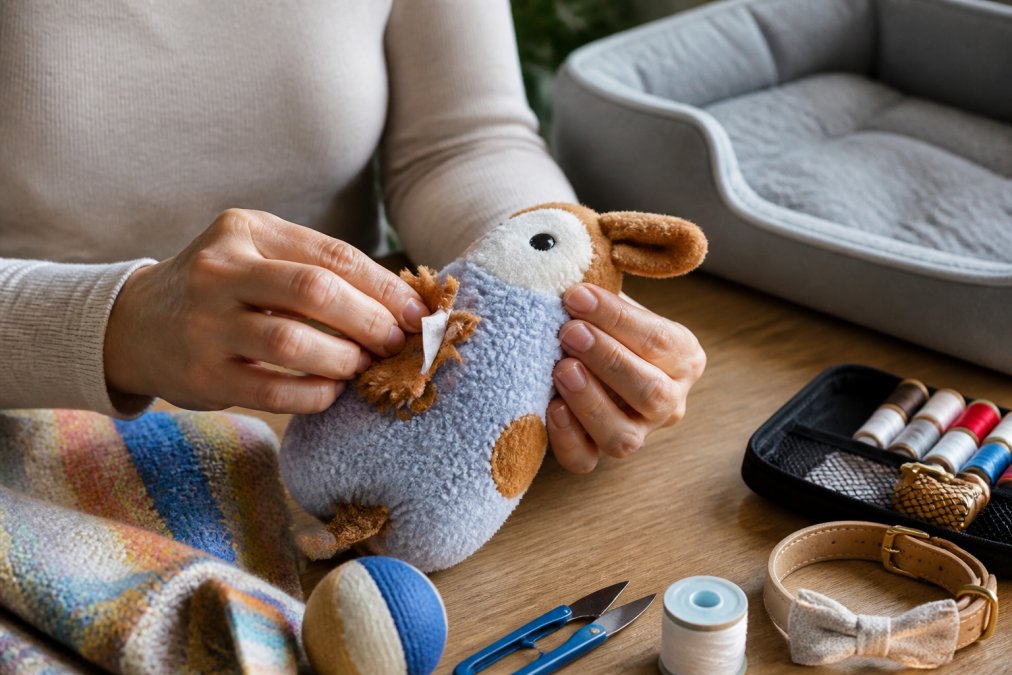 Close-up of hands carefully inspecting a pet toy's seams and small attached parts, examining for loose stitching and potential choking hazards under bright natural light