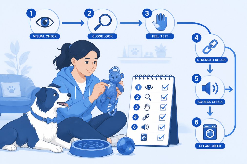 Pet owner sitting with a dog, carefully examining a toy with a detailed checklist visible on a notebook, showing the hands-on inspection process in natural home lighting