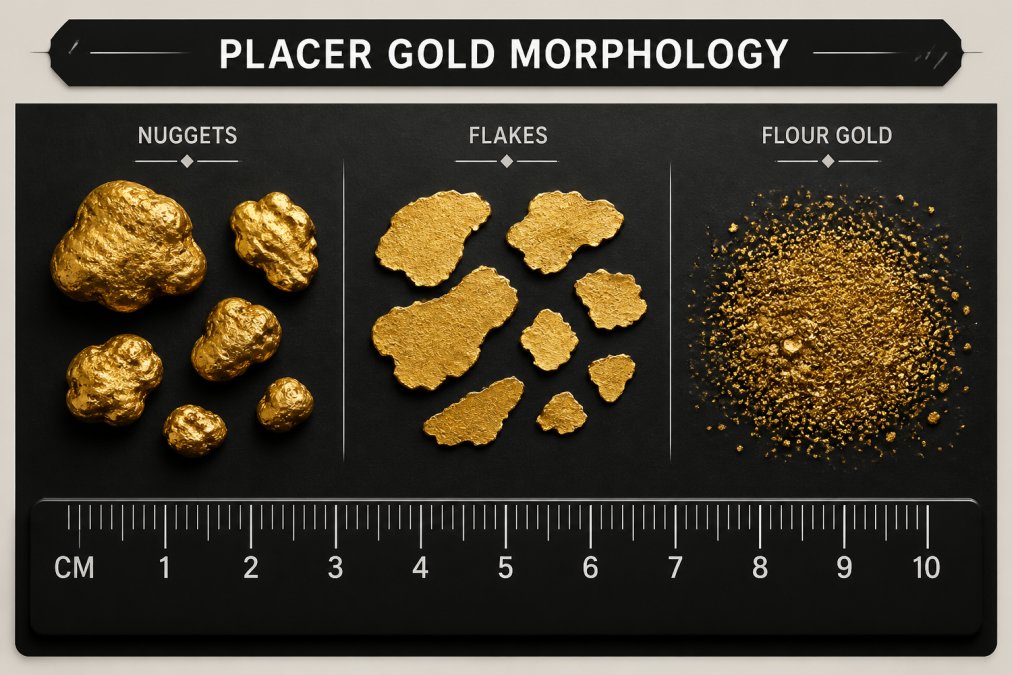 Close-up of various placer gold samples showing different morphologies, rounded nuggets, flat flakes, and fine flour gold particles on a dark surface with a metric ruler for scale