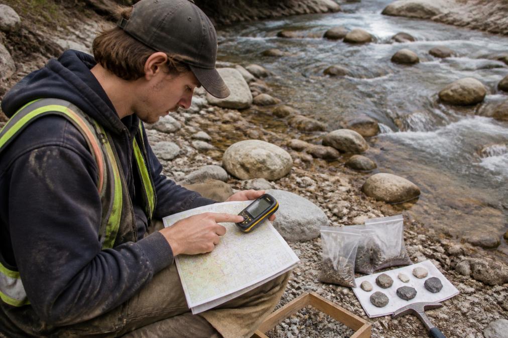 Prospector in field using a handheld GPS device and geological map to identify placer deposits near a creek, with stream sediment samples and rock specimens visible on the ground