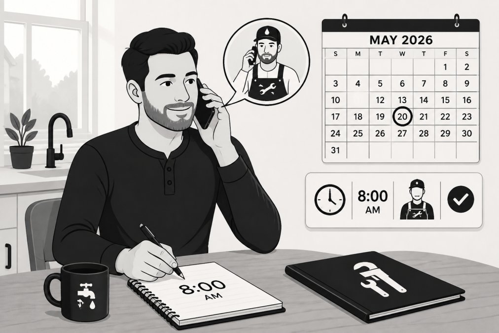 How to Verify Plumber Arrival Time: A 2026 Guide 1 Homeowner sitting at kitchen table speaking on phone with plumbing contractor, notepad and wall calendar visible, natural morning light from window