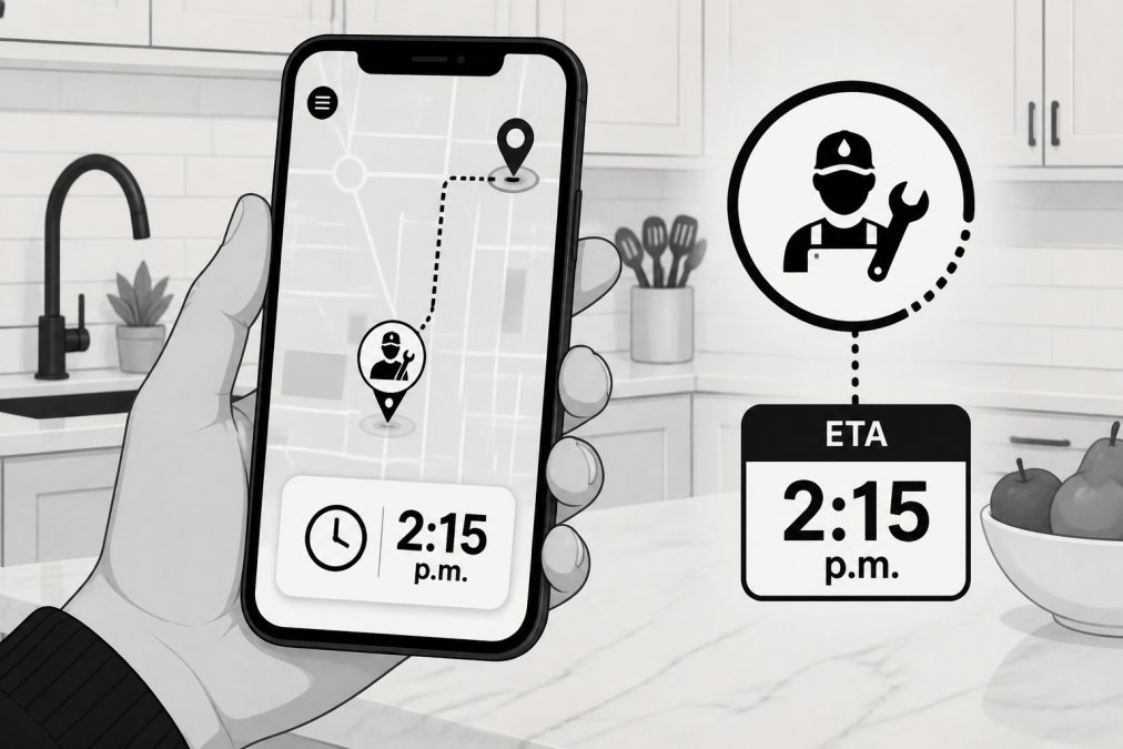 How to Verify Plumber Arrival Time: A 2026 Guide 2 Smartphone screen displaying real-time service map with blue technician location marker, green destination pin, and estimated arrival time of 2:15 p.m., held in hand over kitchen counter