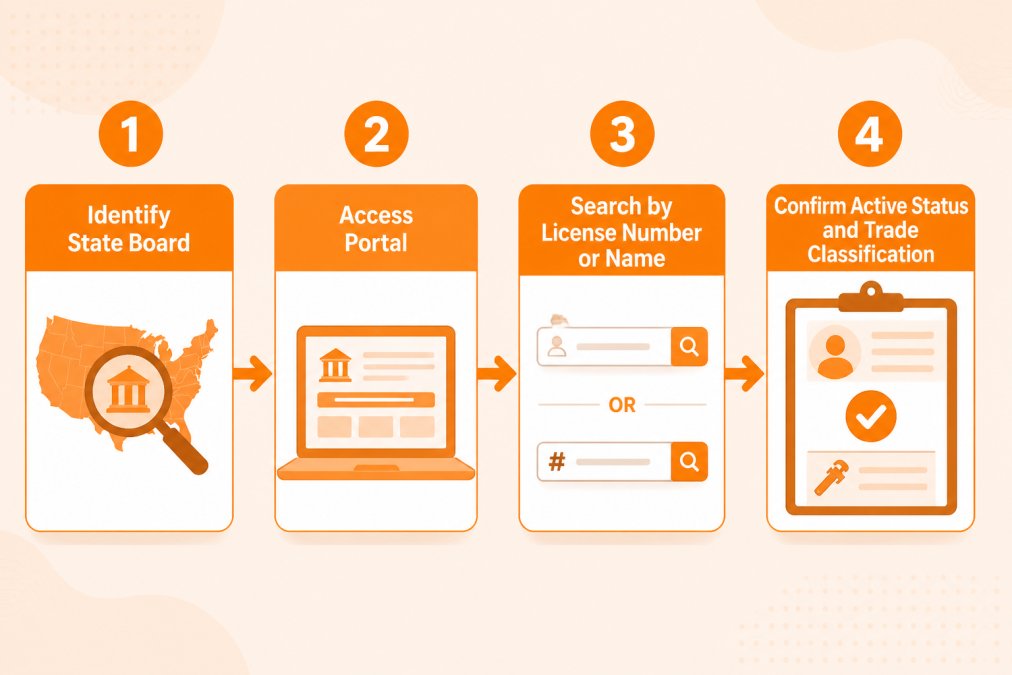 Flowchart showing 4-step verification process: Step 1 Identify state board → Step 2 Access portal → Step 3 Search by license number or name → Step 4 Confirm active status and trade classification