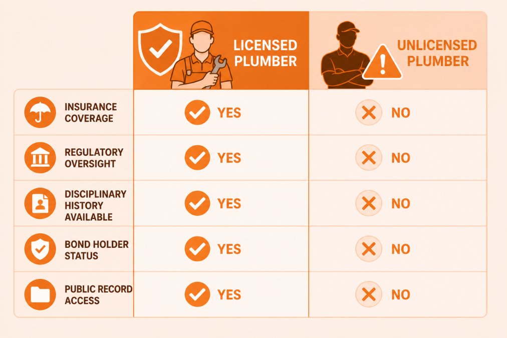 Comparison matrix showing Licensed Plumber vs. Unlicensed Plumber across five dimensions: Insurance coverage (Yes vs. No), Regulatory oversight (Yes vs. No), Disciplinary history available (Yes vs. No), Bond holder status (Yes vs. No), Public record access (Yes vs. No)
