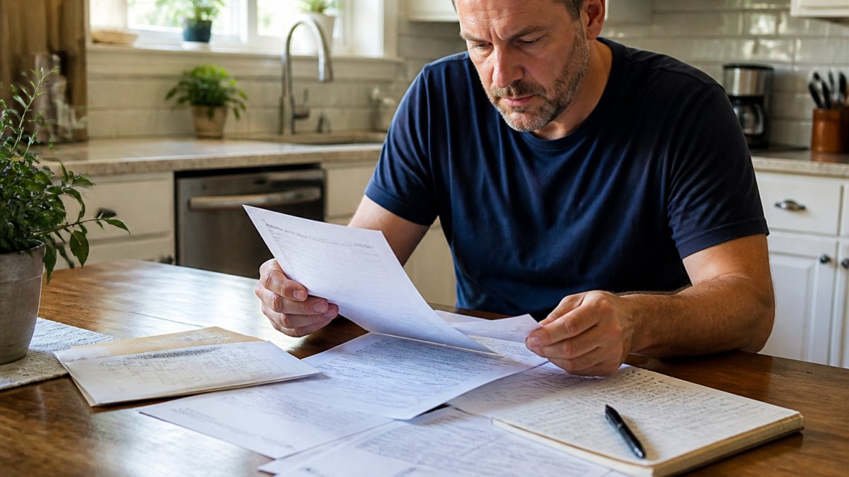 Homeowner reviewing warranty paperwork and service contract documents spread on a kitchen table with a pen and notepad nearby