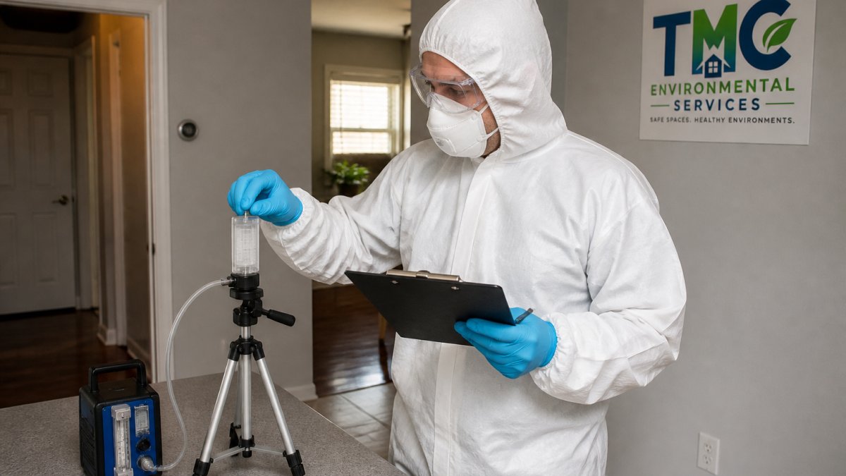 A mold inspector in protective gear using a calibrated air sampling pump inside a home, with a clipboard and sampling cassette visible