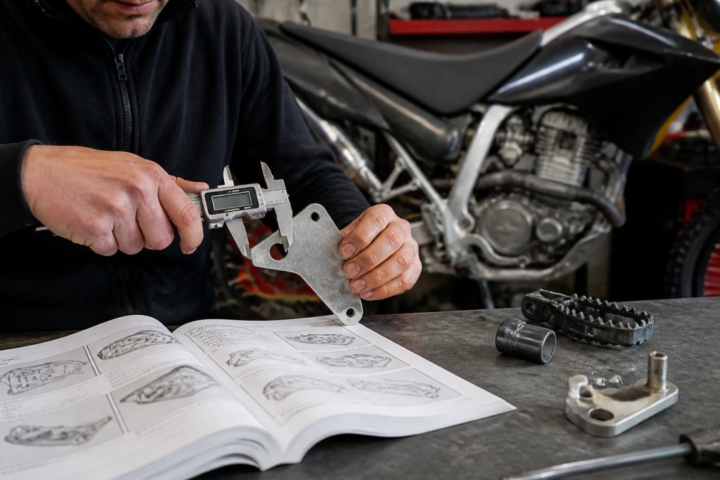 Technician using digital calipers to verify powersports part fitment with a service manual on a workbench.