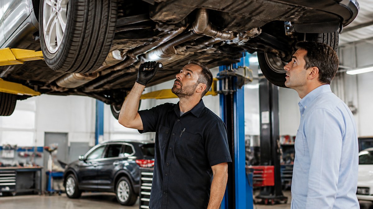 Mechanic inspecting a car undercarriage to ensure pre-owned vehicle quality while a potential buyer observes.