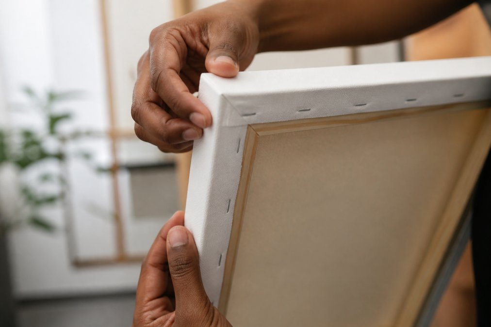 Close-up of hands carefully examining the corner and edge of a stretched canvas, fingers assessing the tightness of the fabric around wooden stretcher bars in natural daylight