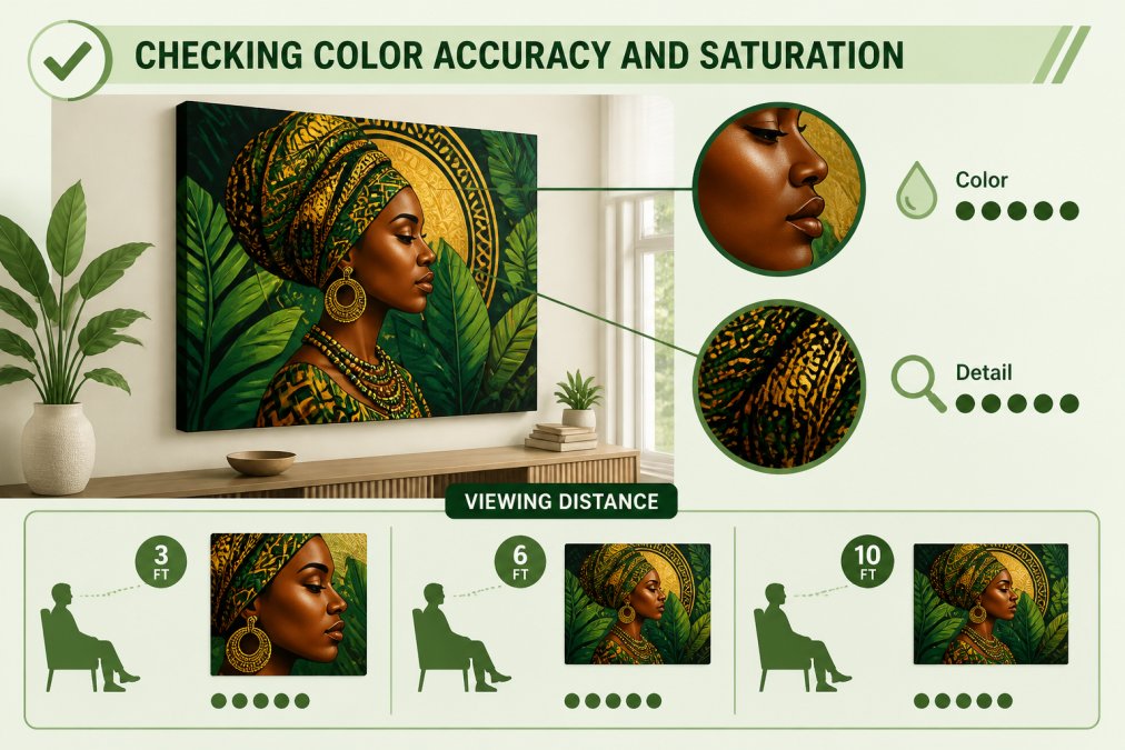 A finished canvas print of vibrant African American cultural artwork displayed in a bright room with neutral natural lighting, showing rich color saturation and fine detail clarity when viewed from multiple distances