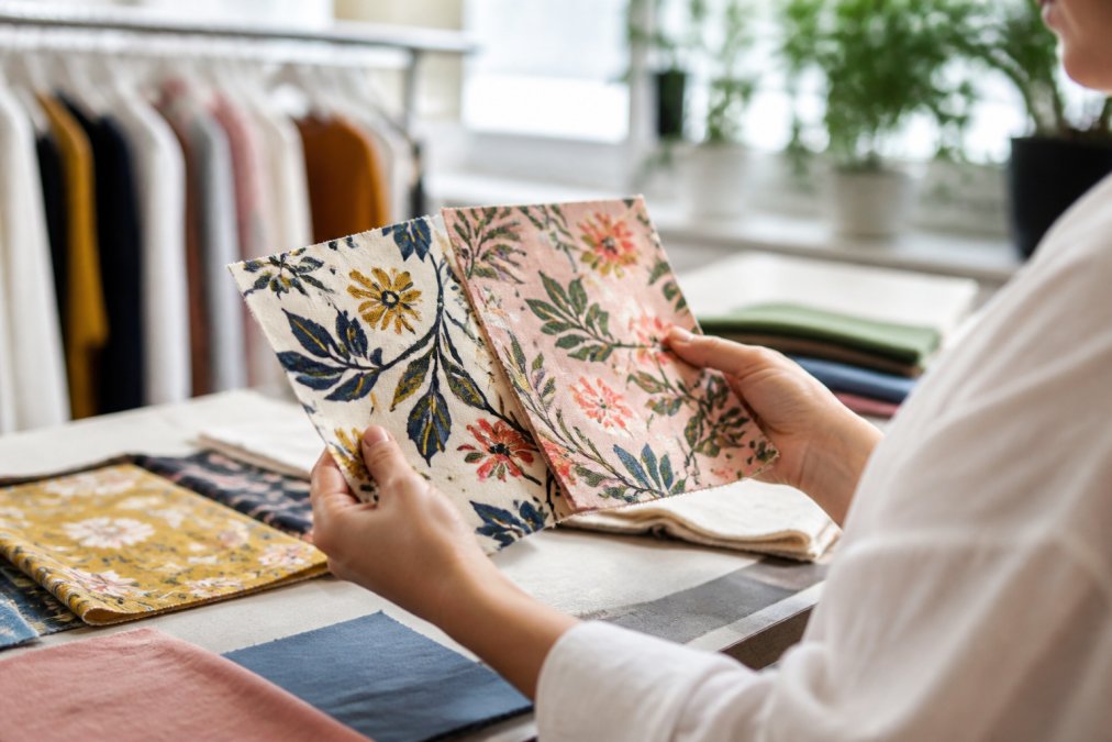 Close-up of hands holding printed fabric samples side-by-side, examining print quality and color details under natural light in a bright studio setting