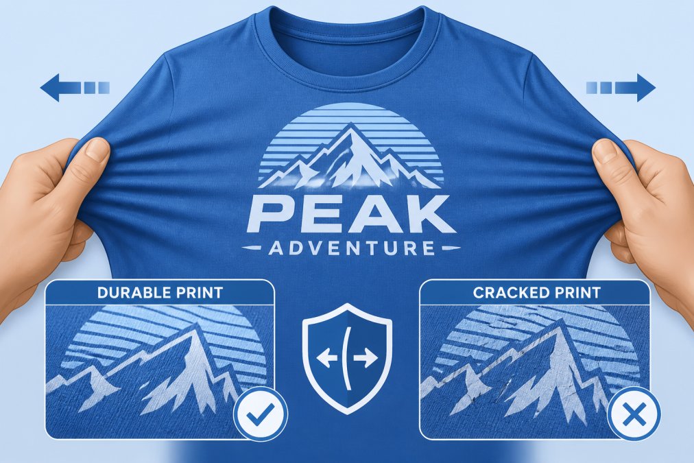 Hands stretching a finished printed apparel item to demonstrate durability and flexibility of the print, showing the fabric and ink remaining intact without cracking