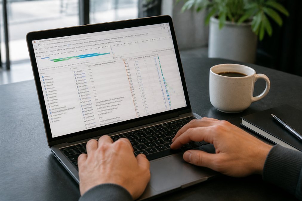 Close-up of a developer's hands at a laptop displaying browser DevTools with the Network tab open, coffee cup nearby on a dark desk
