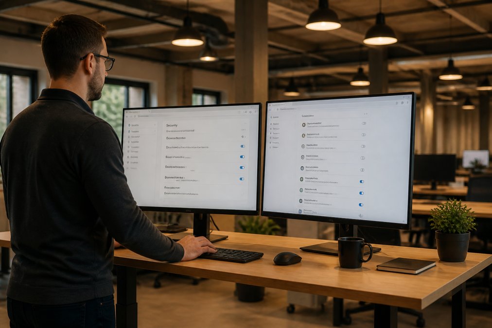 A professional at a standing desk reviewing security settings on a monitor, with a second screen showing browser extension settings in a modern open-plan office, warm overhead lighting