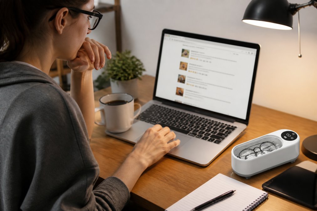 Person sitting at a desk scrolling through customer reviews on a laptop screen, looking thoughtful and analytical, warm desk lamp lighting with a coffee cup nearby